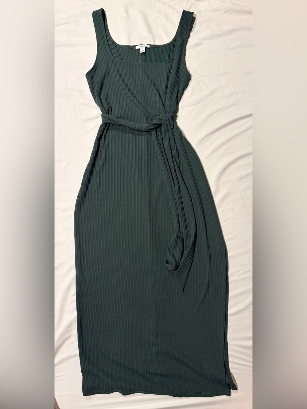 Bar III Dark Green Ribbed Maxi Dress with Waist Tie